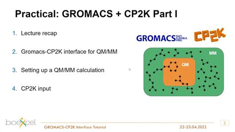How to use GROMACSCP2K to perform biomolecular QMMM simulations, including Umbrella sampling Energy minimisation Large phytochrome protein system setup Calculation of photochemical properties CP2K parameter choice guidance, including Checking convergence Modifying functional and basis set Performance Schedule (all times CEST) Day 1 930 Welcome. . Gromacs cp2k install